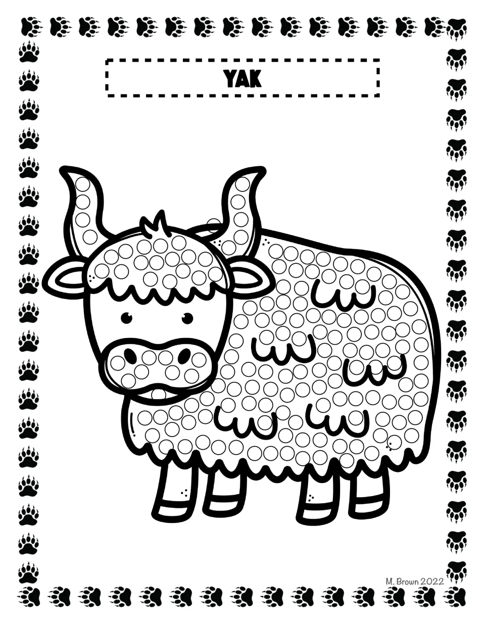 Yak dot art: a shaggy, horned yak with circles on its horns, fringe, nose and woolly body for students to dab with paint