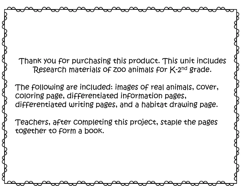Teacher note on unit contents: animal photos, cover, coloring page, information pages, writing pages, habitat drawing