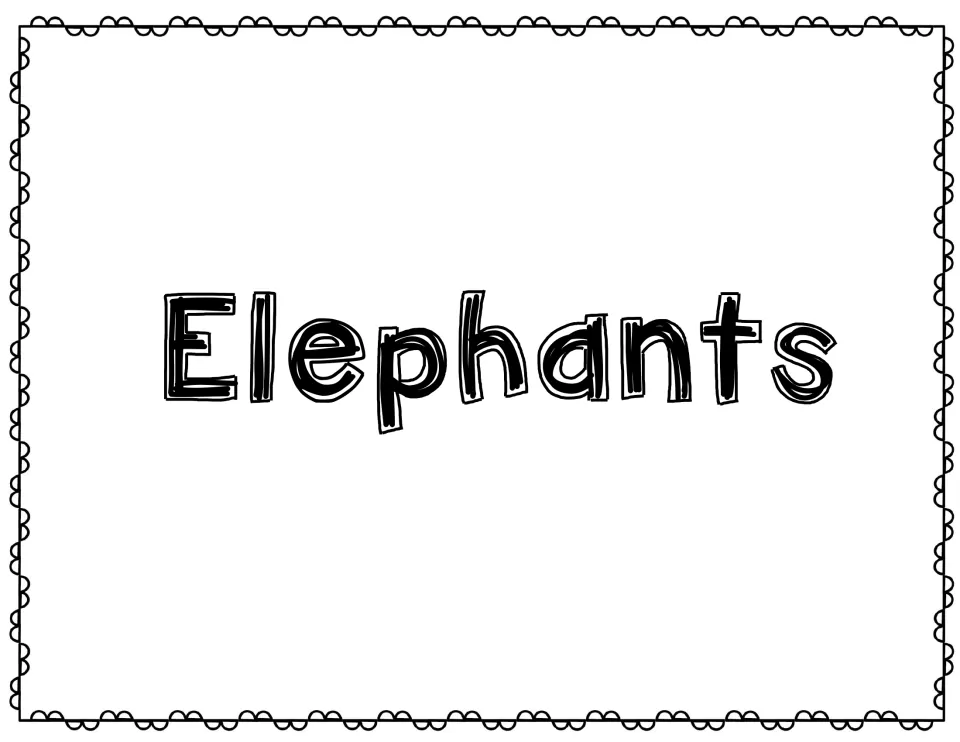Elephants title page in large outlined letters that introduces the elephant section of the research materials