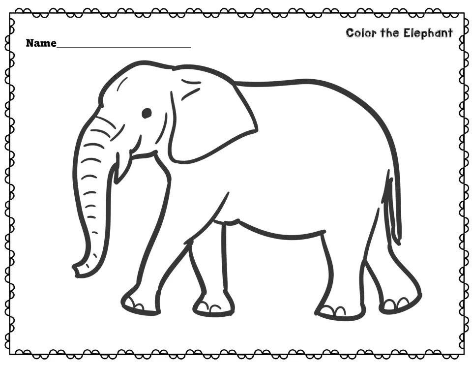 Color the Elephant: a large outline drawing of a walking elephant with trunk, ears and tail for students to color in