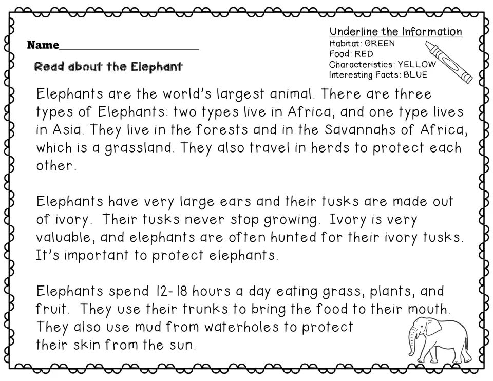 Read about the Elephant: students underline habitat in green, food in red, traits in yellow and facts in blue