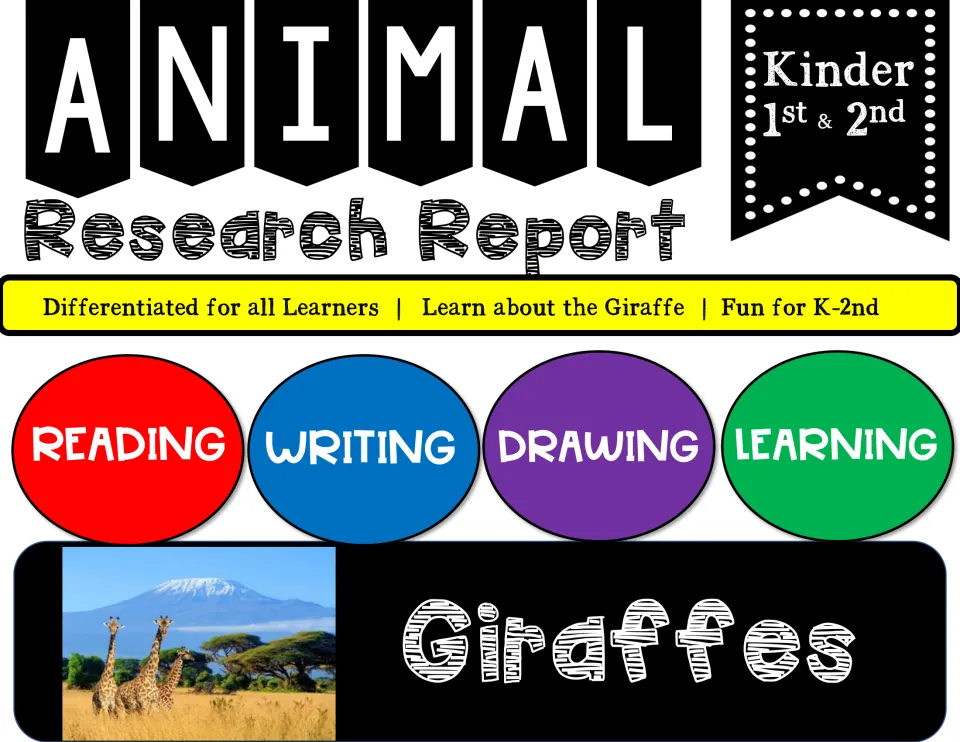 Animal Research Report cover for Kinder, 1st and 2nd on giraffes: reading, writing and drawing, with a giraffe photo