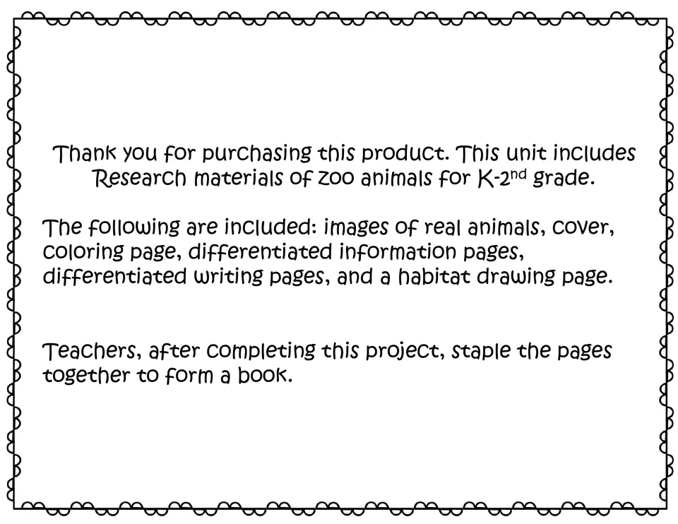 Teacher note listing parts: animal photos, coloring page, information and writing pages, and a habitat drawing page