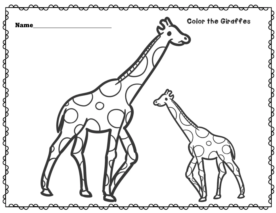 Color the Giraffes: students color outline drawings of a tall adult giraffe and a smaller young giraffe with spots