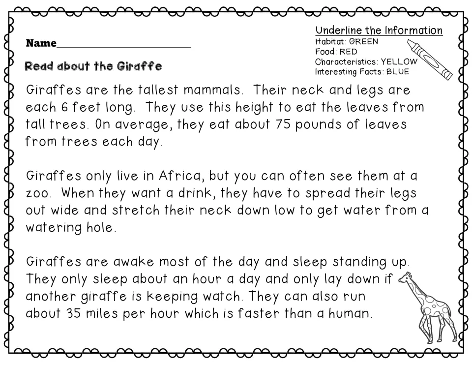 Giraffe reading passage: students underline habitat in green, food in red, traits in yellow and interesting facts in blue