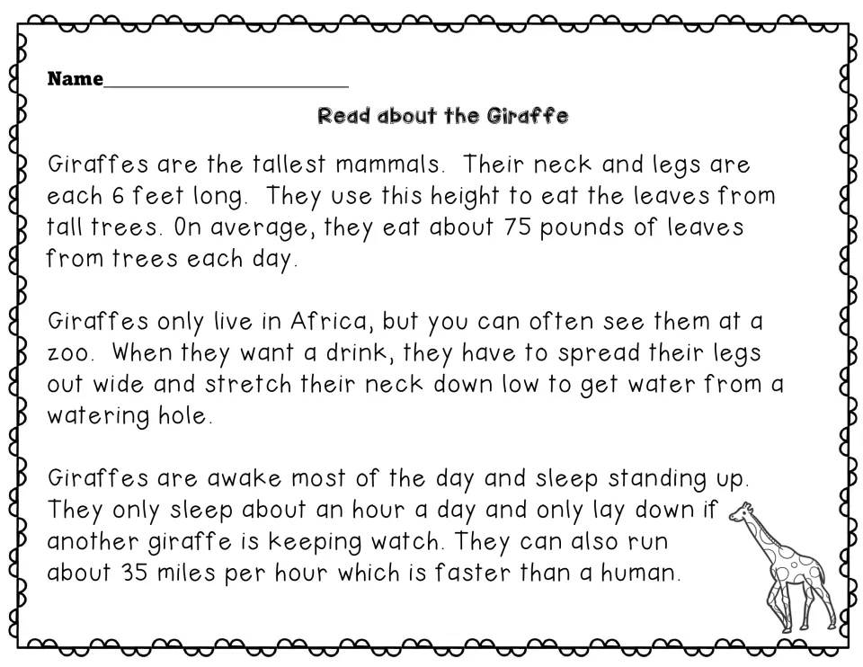 Read about the Giraffe: students read a passage on giraffe height, leaf diet, life in Africa, drinking, sleep and speed