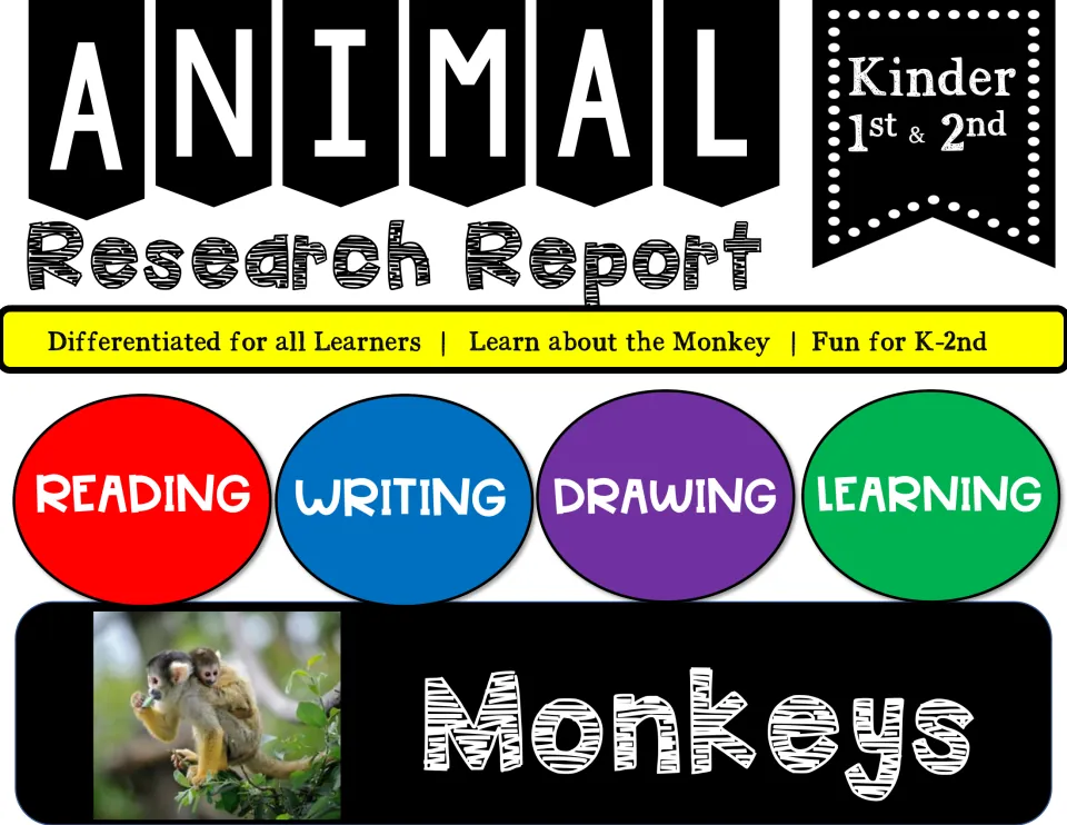 Animal Research Report cover for Monkeys: reading, writing, drawing and learning, with a photo of a monkey carrying a baby