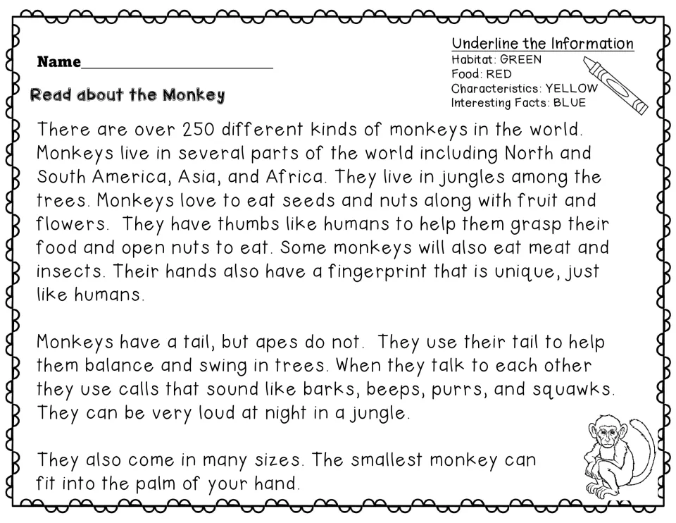 Monkey reading passage: students underline habitat in green, food in red, traits in yellow and interesting facts in blue