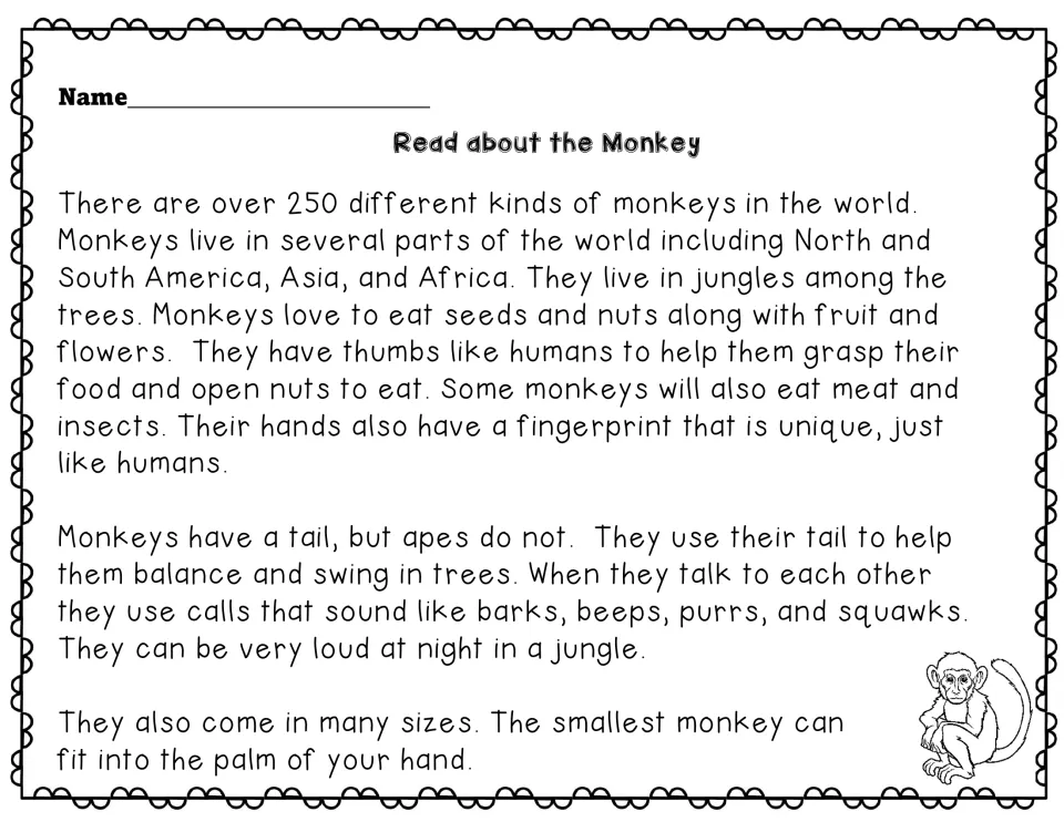 Read about the Monkey: passage on where monkeys live, what they eat, their tails, calls and sizes, without the color key