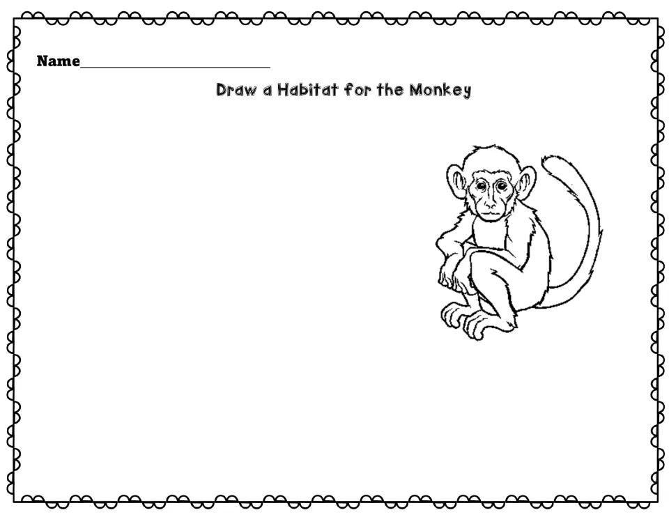 Draw a Habitat for the Monkey: students draw the place monkeys live around a seated monkey line drawing