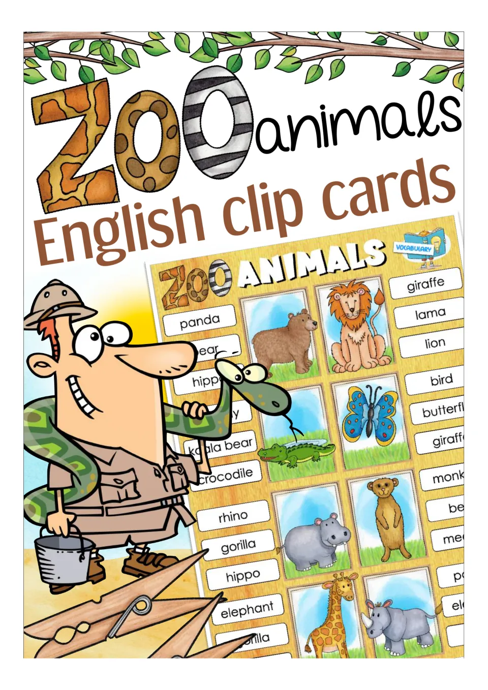 Zoo animals English clip cards cover previewing a vocabulary card with bear, lion, butterfly and giraffe pictures
