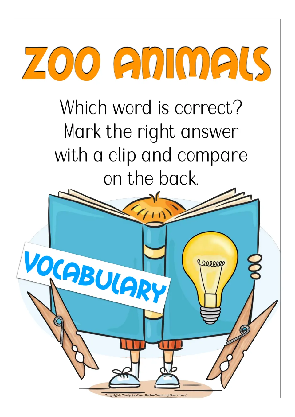 Vocabulary section title card: which word is correct? Students mark the right answer with a clip and check on the back