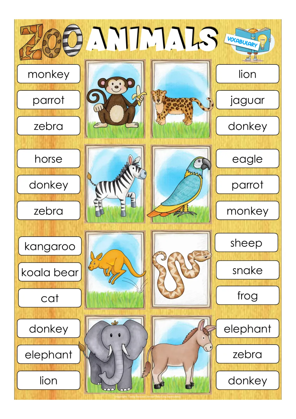Animal vocabulary: students clip the correct name for monkey, jaguar, zebra, parrot, kangaroo, snake, elephant and donkey