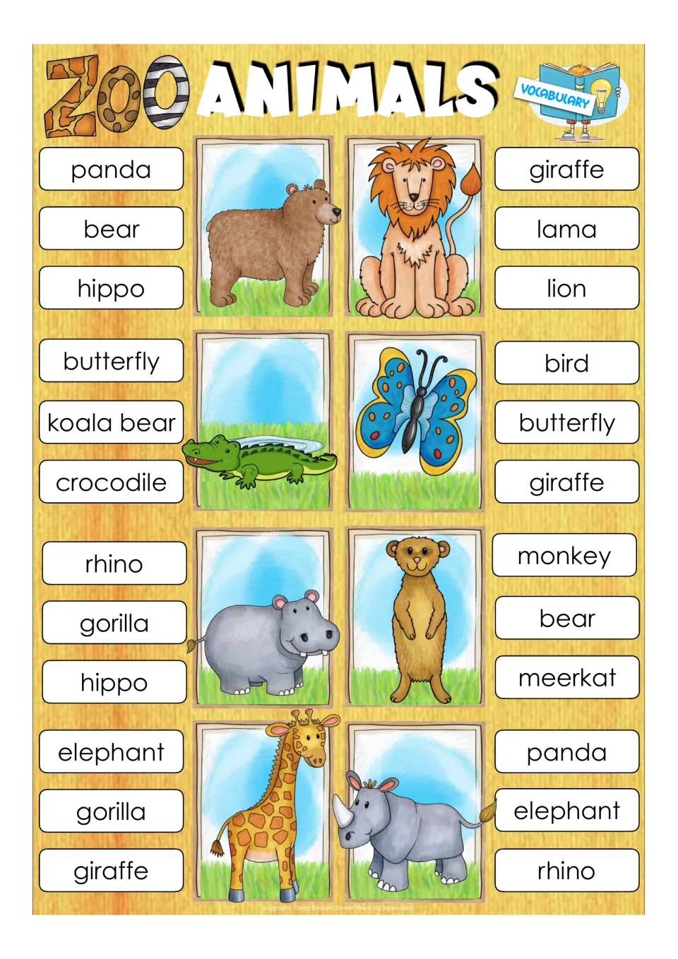 Animal vocabulary: students clip the correct name for bear, lion, crocodile, butterfly, hippo, meerkat, giraffe and rhino