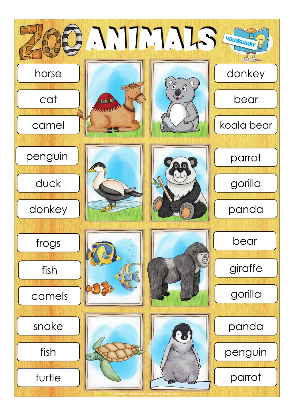 Animal vocabulary: students clip the correct name for camel, koala bear, duck, panda, fish, gorilla, turtle and penguin