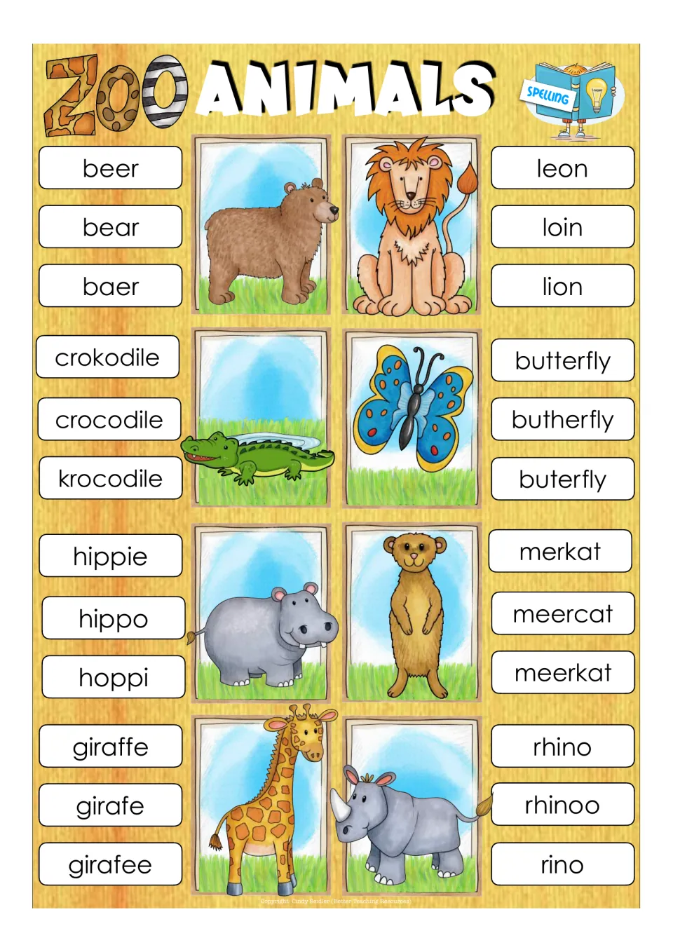 Animal spelling cards: students clip the right spelling, such as lion over leon and loin, for bear, hippo, rhino and more