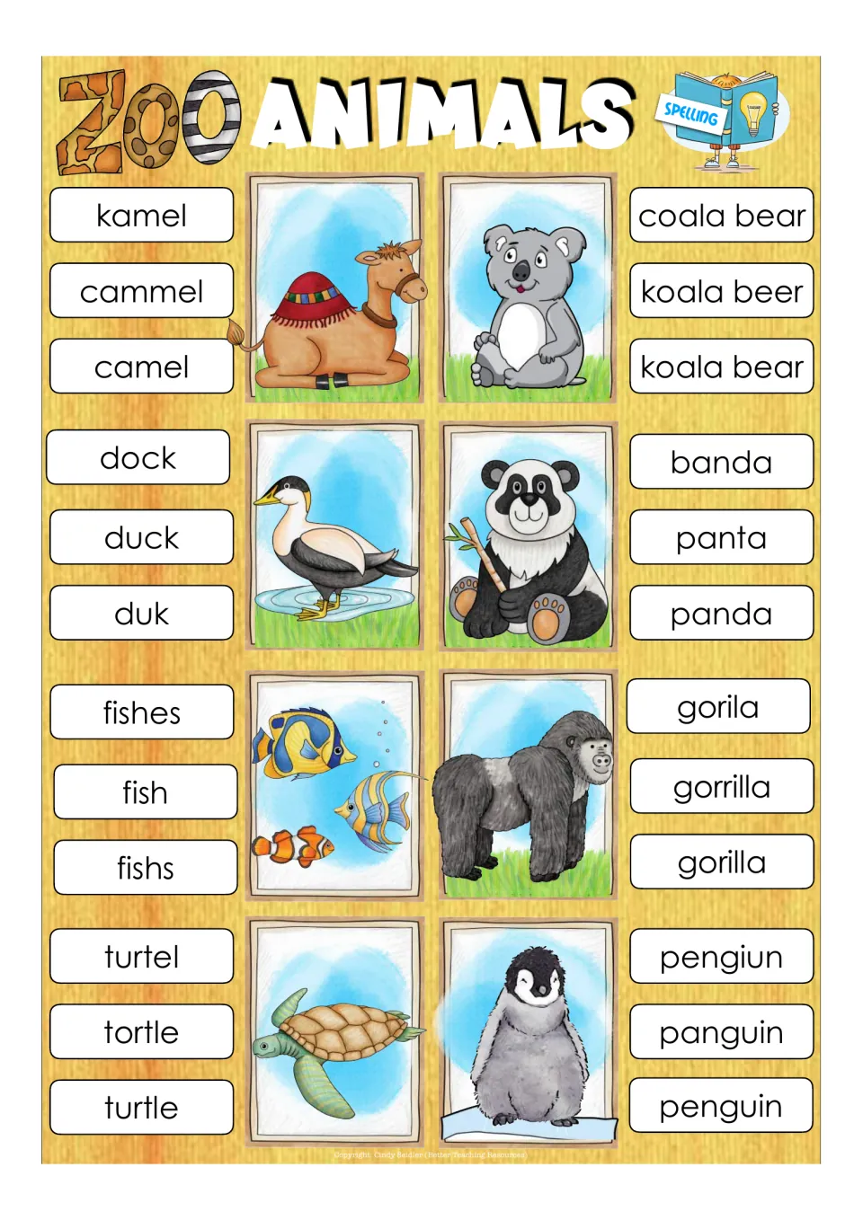Animal spelling cards: students find the right spelling, like penguin not pengiun, for camel, koala bear, duck and fish