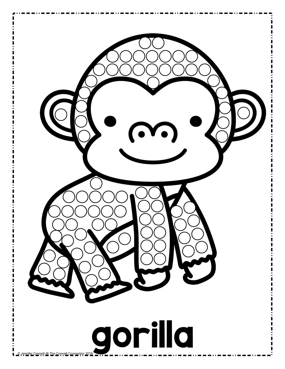 Gorilla dot painting: students dab paint or dot markers into each circle on a smiling gorilla's head, arms and legs
