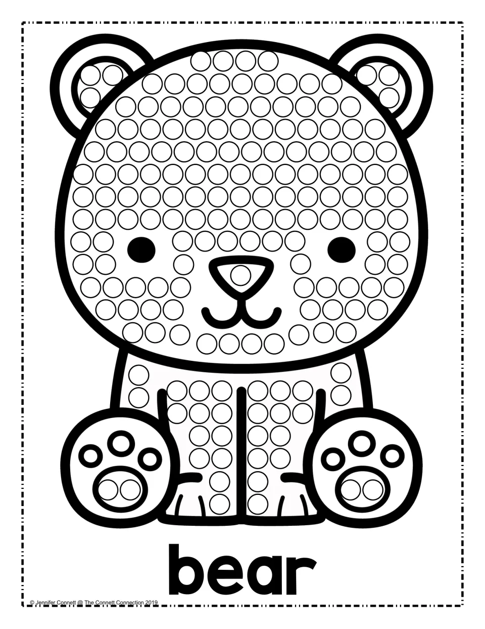 Bear dot painting: children fill the circles covering a sitting bear's round face, ears, belly and paws with paint dots