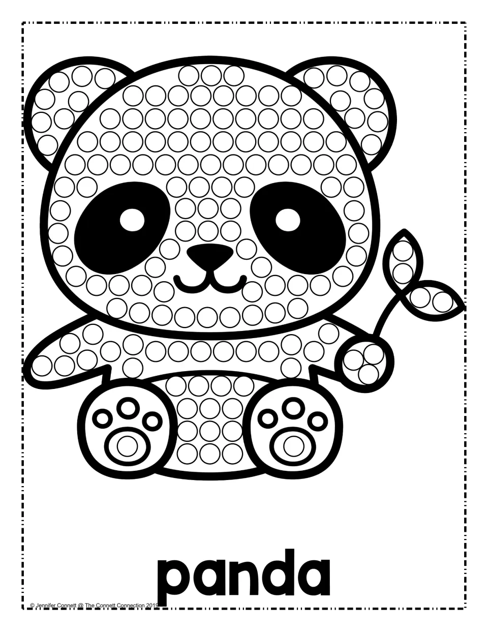 Panda dot painting: dab a dot into each circle on a seated panda holding a leafy sprig, around its black eye patches