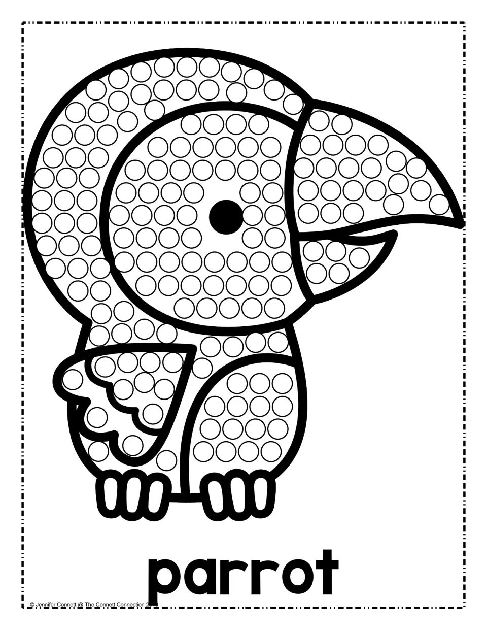 Parrot dot painting: students fill circles across a parrot's head, curved beak, wing and body; the word parrot is below