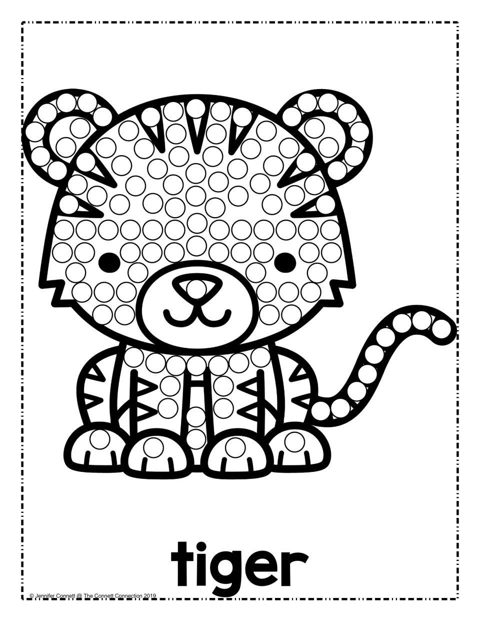 Tiger dot art: children dot each circle on a sitting striped tiger cub's face, ears, chest, paws and long curled tail