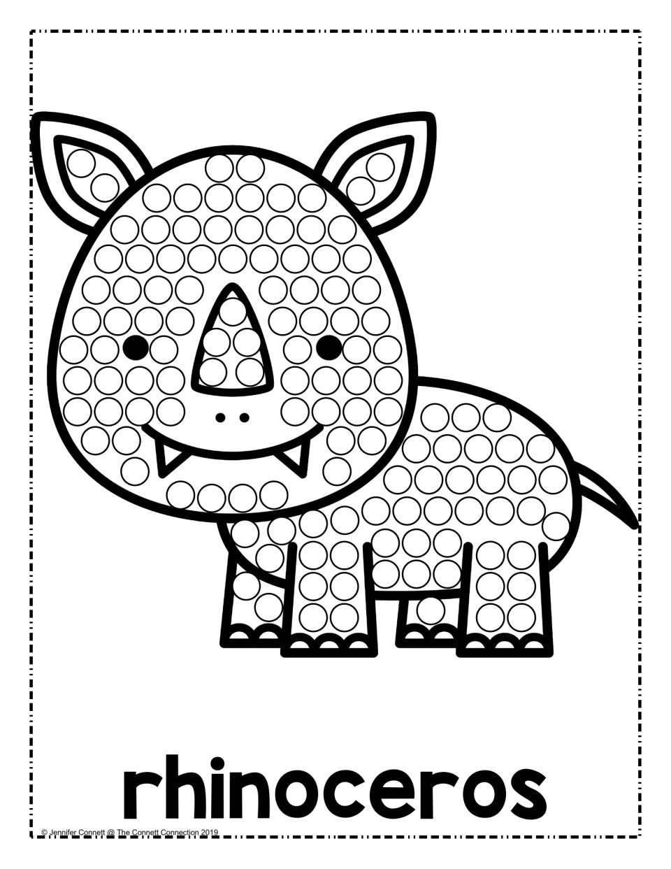 Rhinoceros dot painting: students press a dot marker into circles on a smiling rhino's face, horn, body and four legs