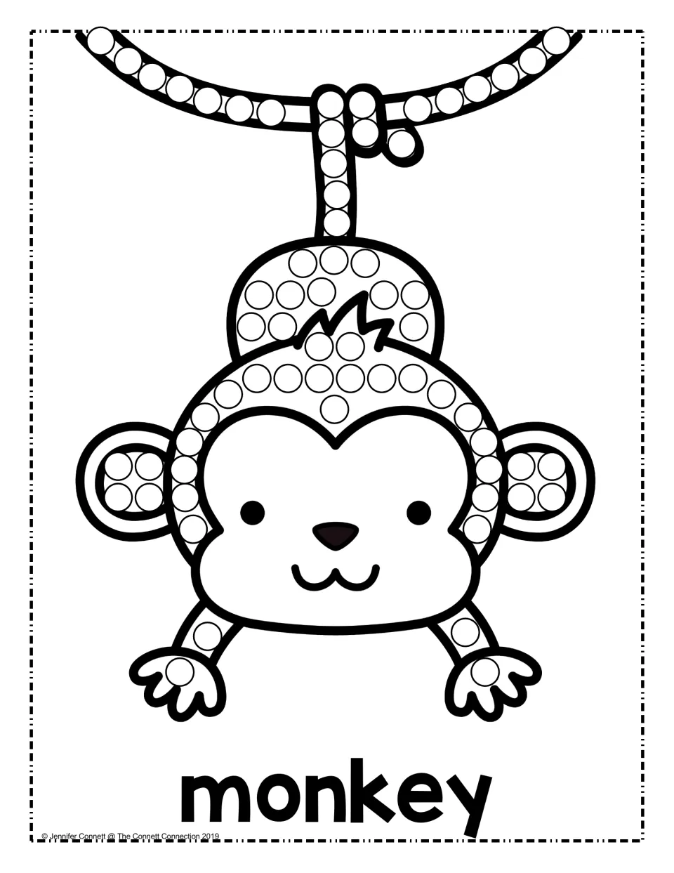 Monkey dot painting: children dab dots along a hanging vine and on the tail, head, ears and hands of a smiling monkey