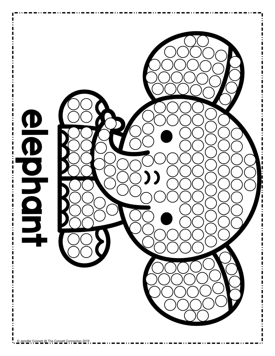 Elephant dot art, printed sideways: students fill circles on a big elephant face, wide ears and raised trunk