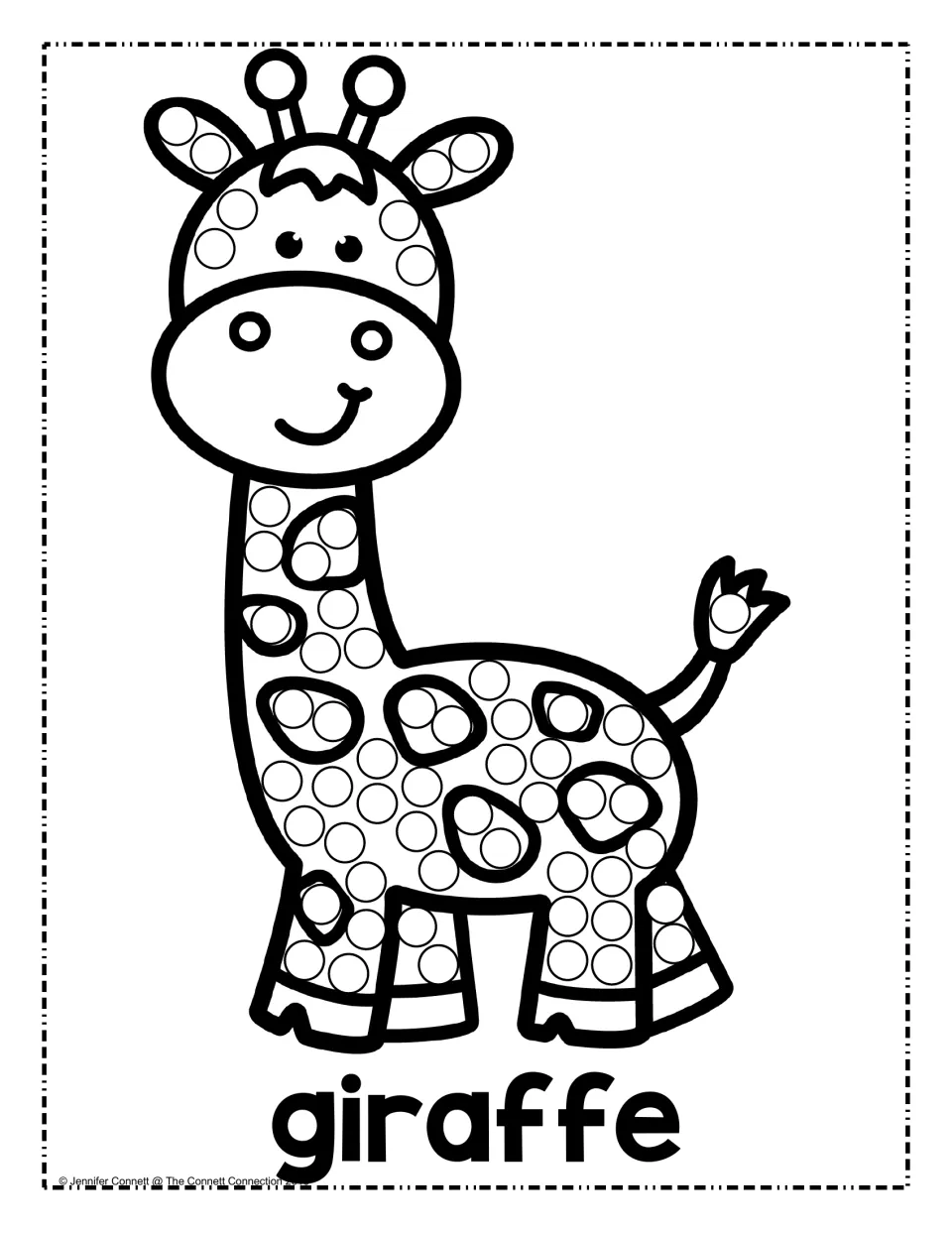 Giraffe dot painting: students dot circles on a giraffe's ears, long neck, spotted body and tail tip; word giraffe below
