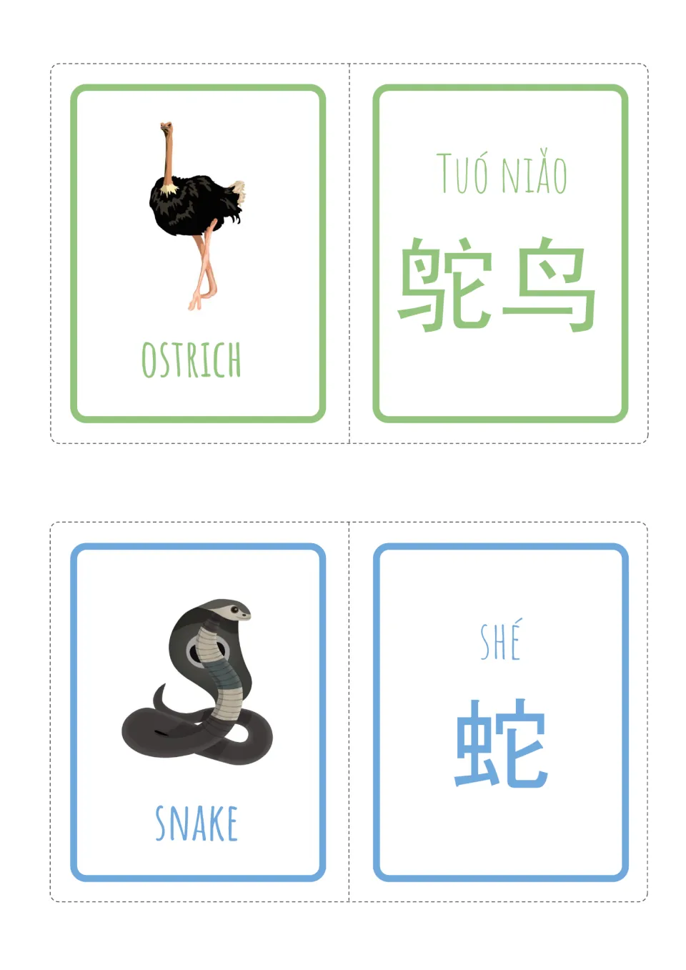 Chinese animal vocabulary: ostrich (tuó niǎo, 鸵鸟) and snake (shé, 蛇) picture cards matched to pinyin and characters