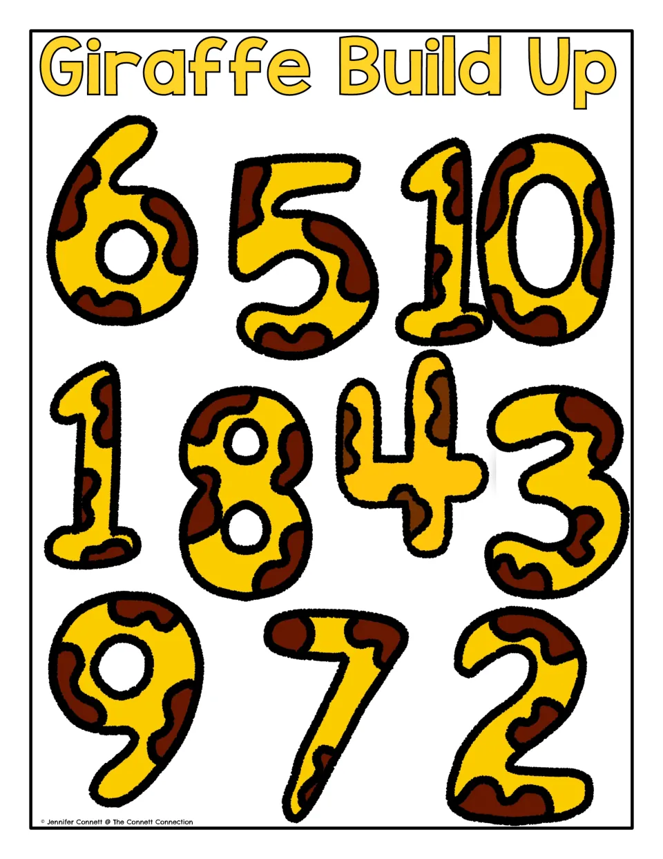 Giraffe Build Up mat: giraffe-print numerals 1 to 10 shown out of order for finding and recognizing each number