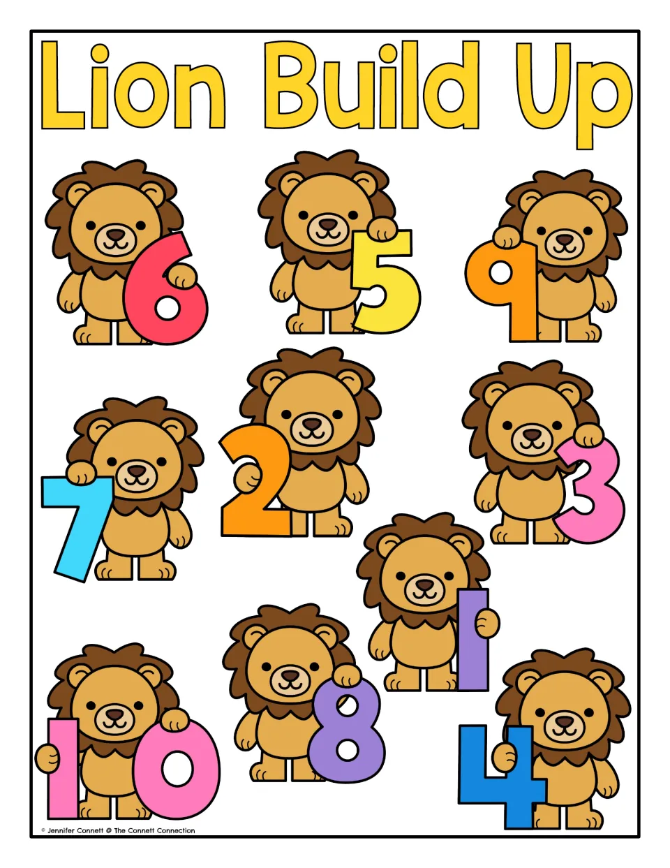 Lion Build Up mat: ten cartoon lions each hold a colorful numeral from 1 to 10, mixed up for number recognition