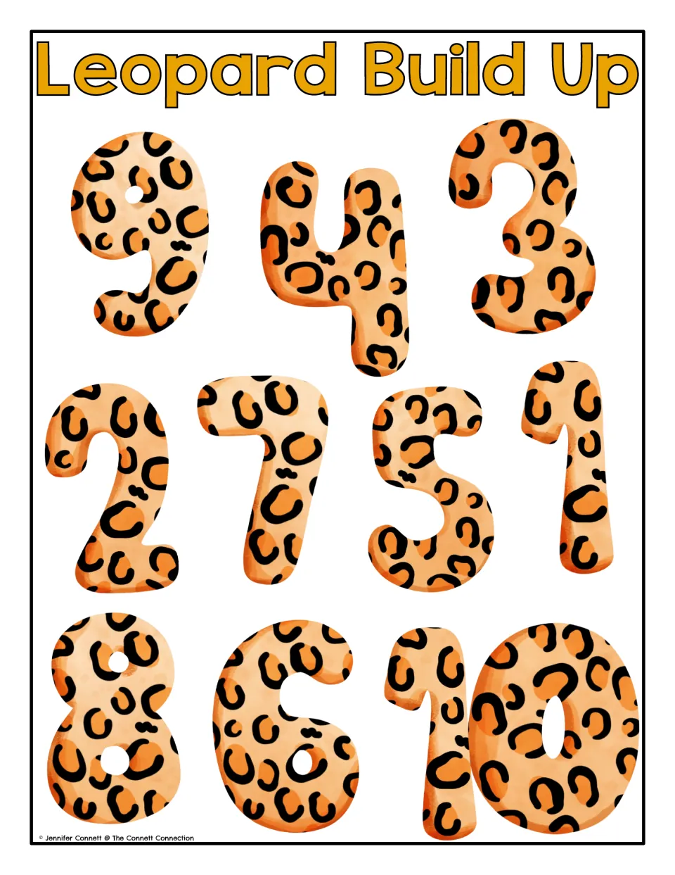Leopard Build Up mat: leopard-spotted numerals 1 to 10 in scrambled order for students to find and identify