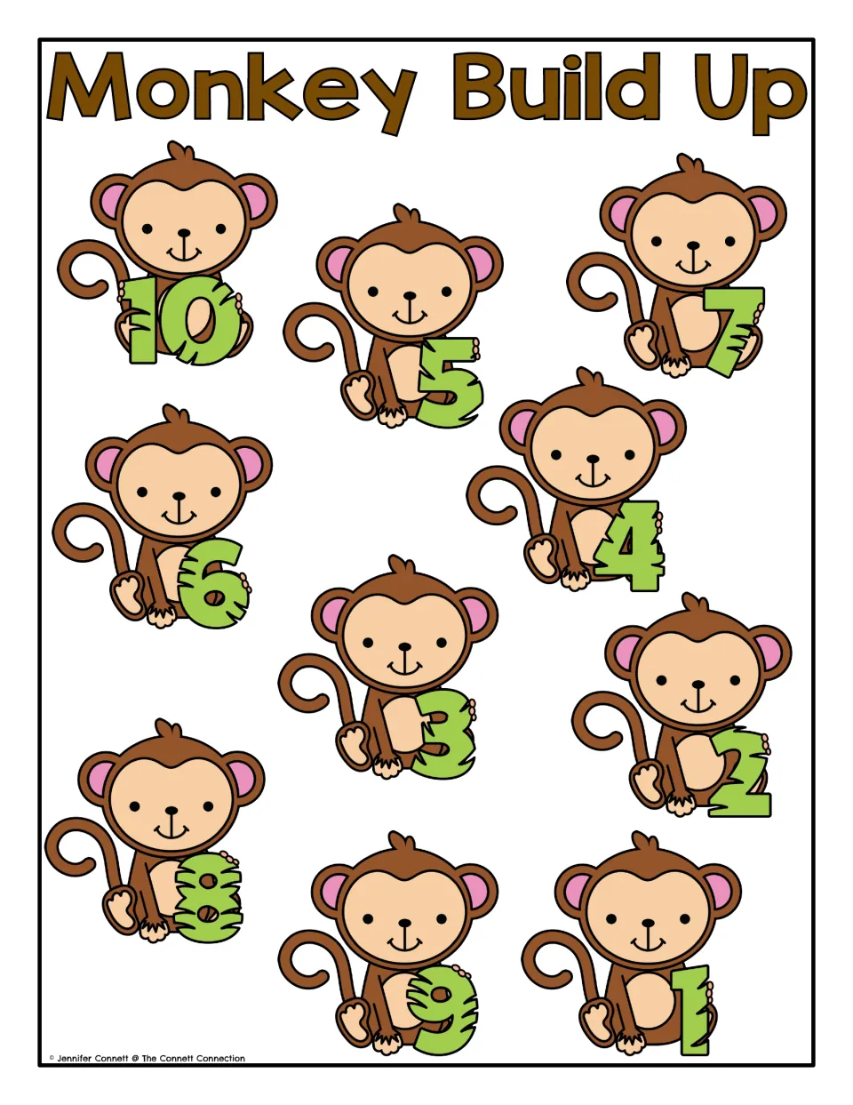 Monkey Build Up mat: ten sitting monkeys each hold a green numeral 1 to 10, placed out of order for number recognition
