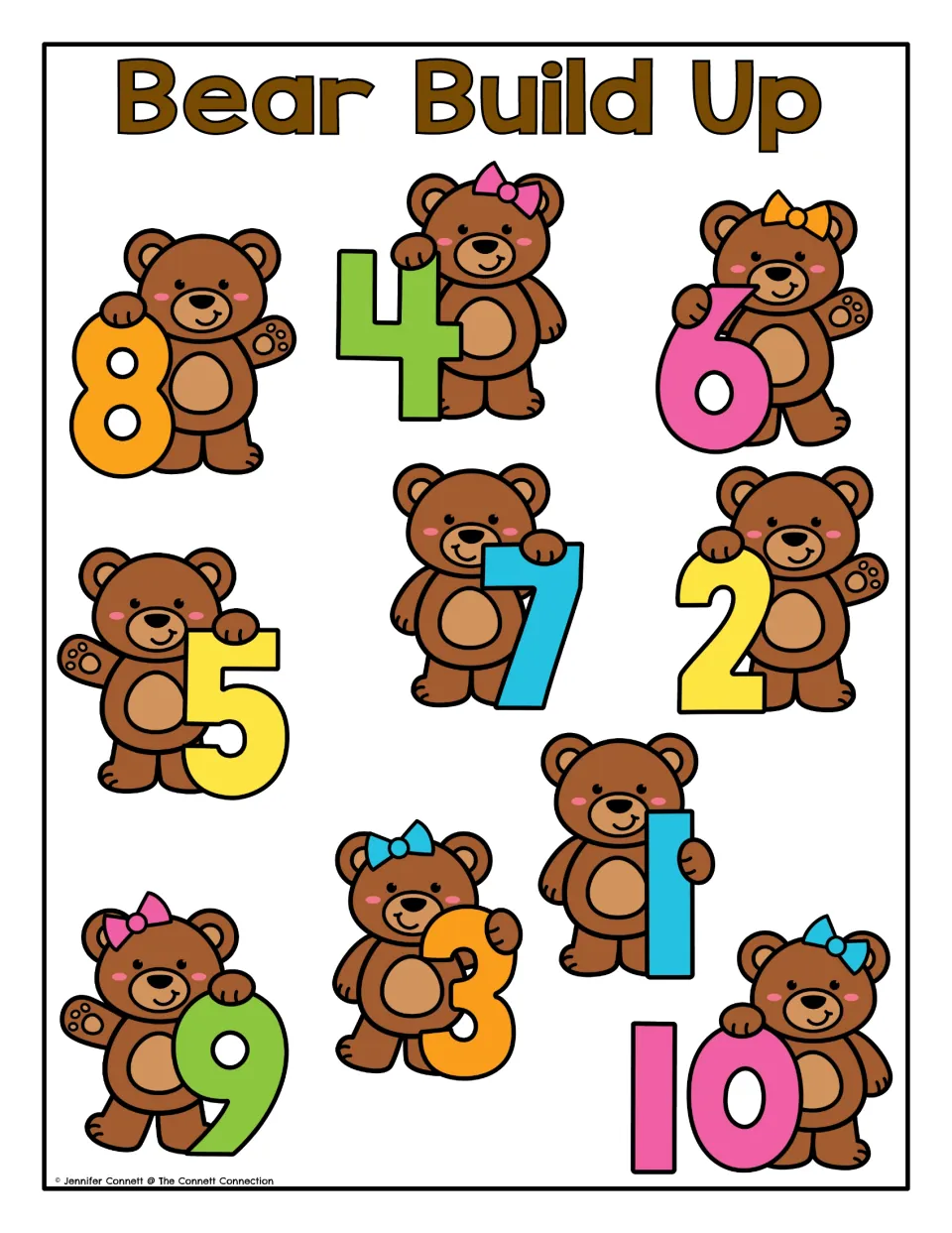 Bear Build Up mat: ten brown bears, some with bows, hold bright numerals 1 to 10 in mixed order to find and name