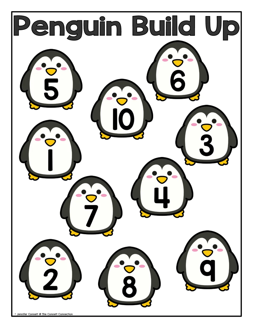 Penguin Build Up mat: ten penguins each show a black numeral from 1 to 10 on the belly, scrambled for number recognition