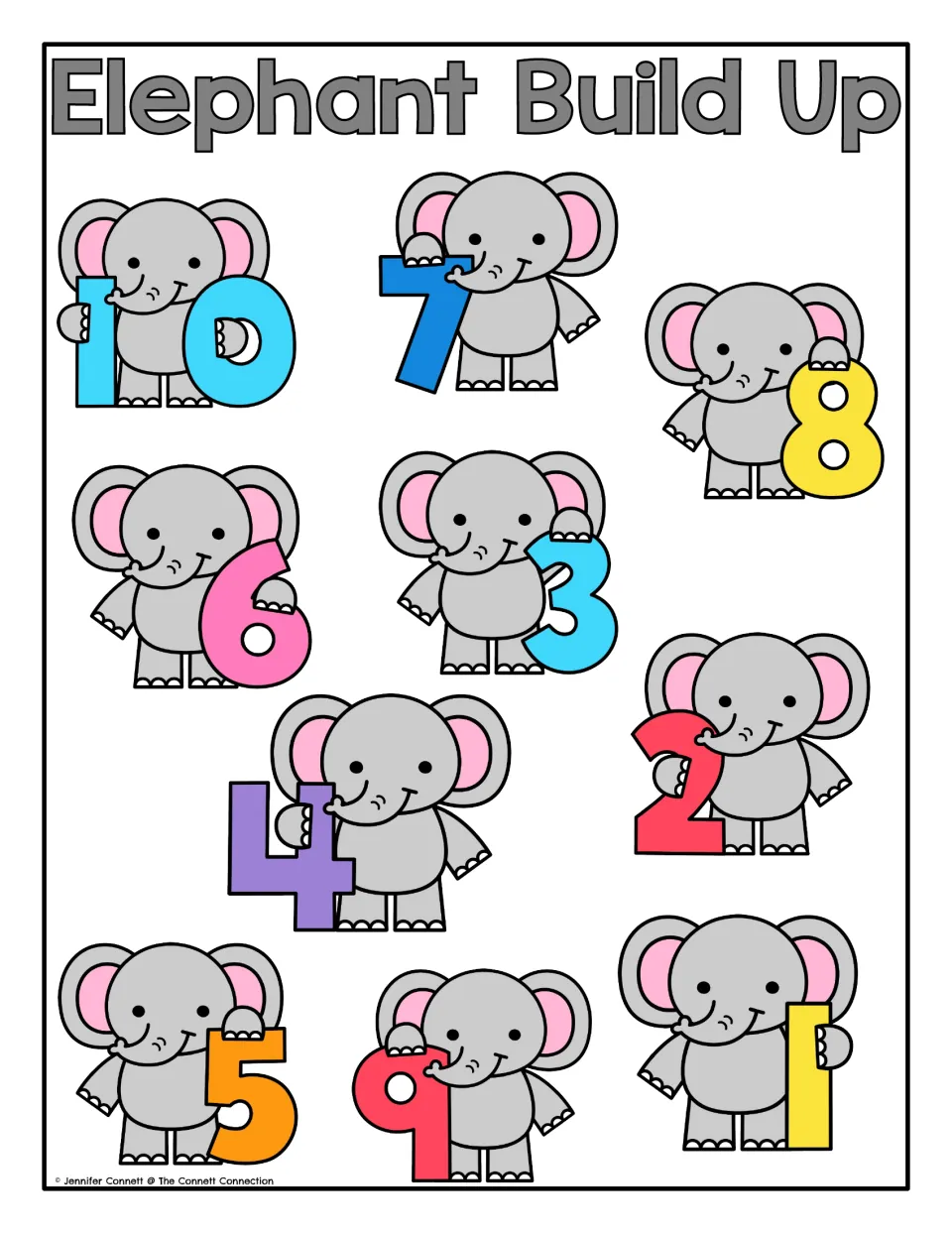 Elephant Build Up mat: ten gray elephants hold colorful numerals 1 to 10 in jumbled order for finding each number