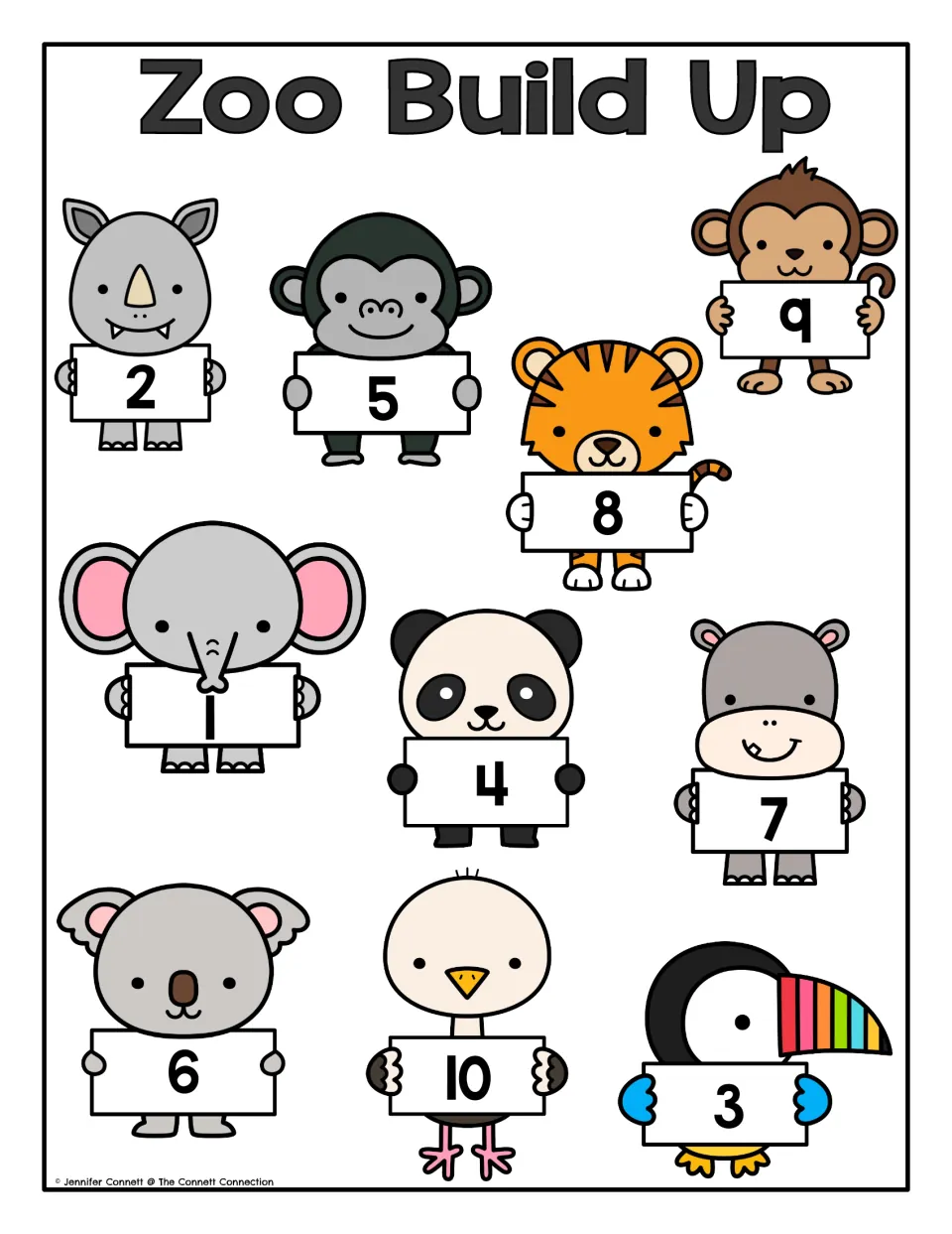 Zoo Build Up mat: rhino, gorilla, tiger, panda, koala, toucan and other zoo animals hold signs numbered 1 to 10