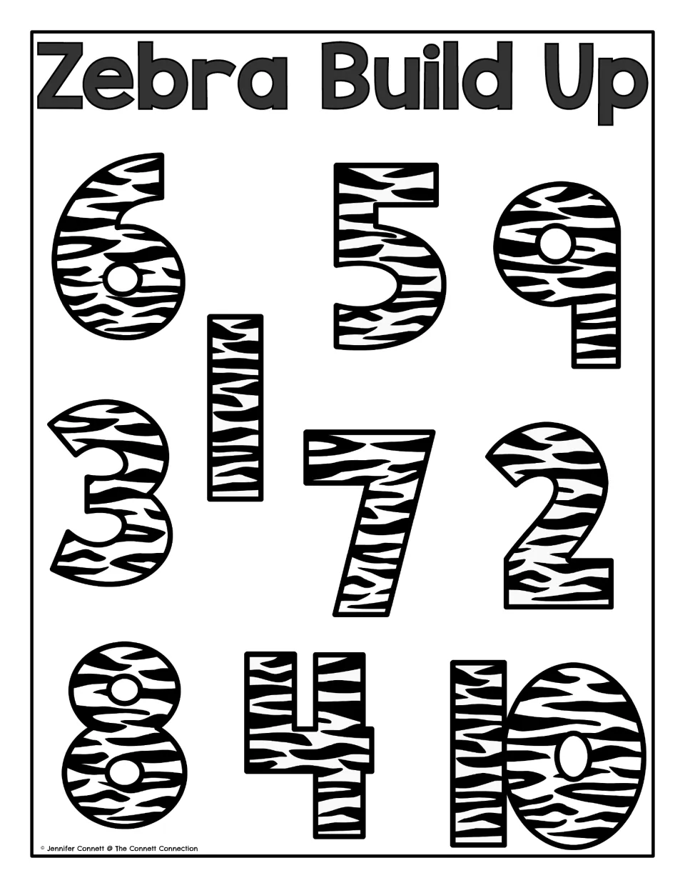 Zebra Build Up mat: black-and-white zebra-striped numerals 1 to 10 arranged out of order for number identification
