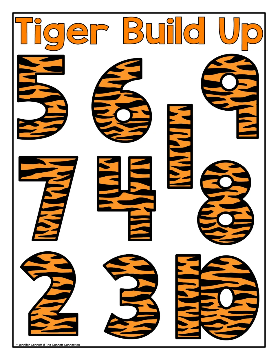 Tiger Build Up mat: orange tiger-striped numerals 1 to 10 in scrambled order for students to locate and name