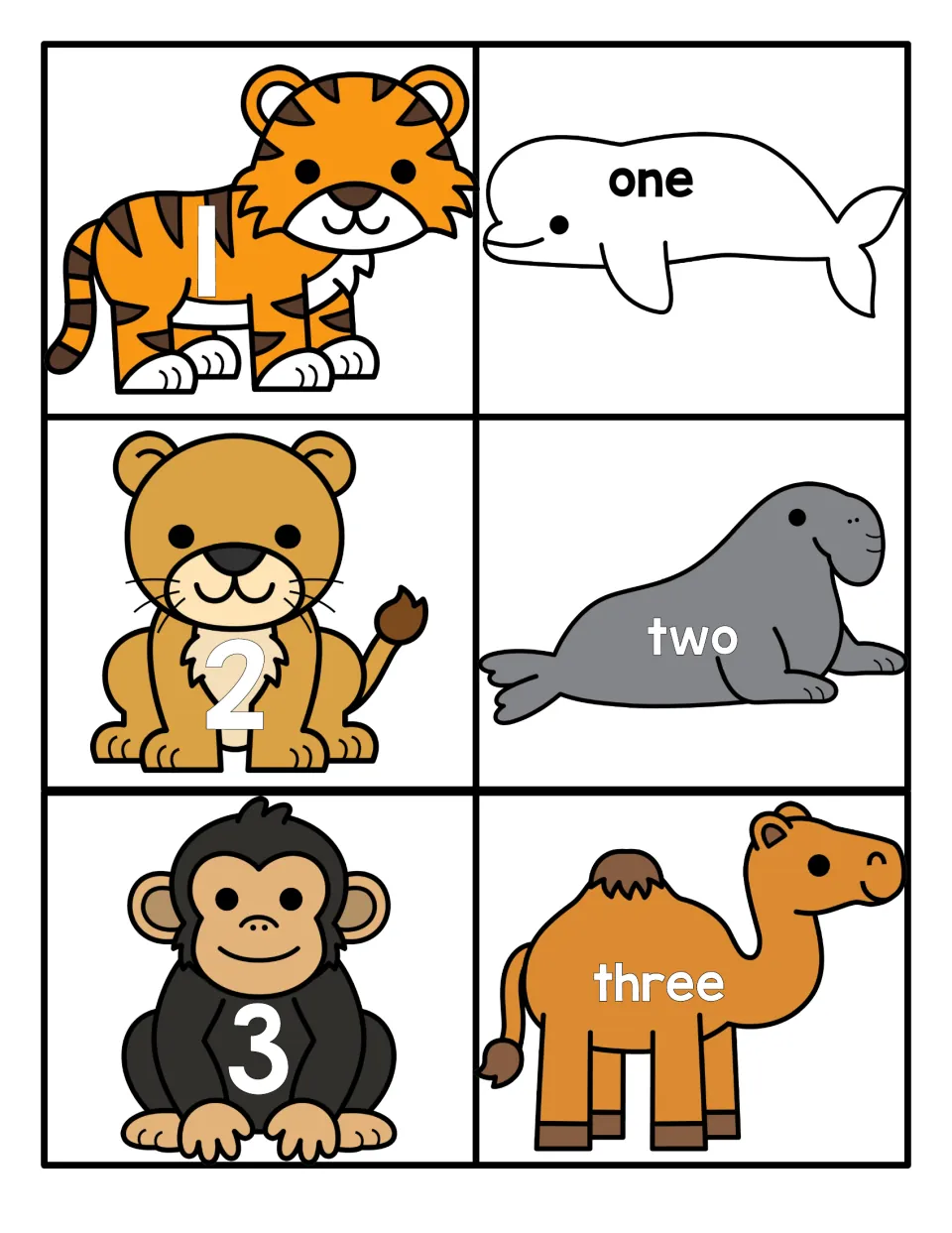Numbers 1 to 3 matching cards: tiger, lion and chimp show numerals; whale, seal and camel show the words one to three