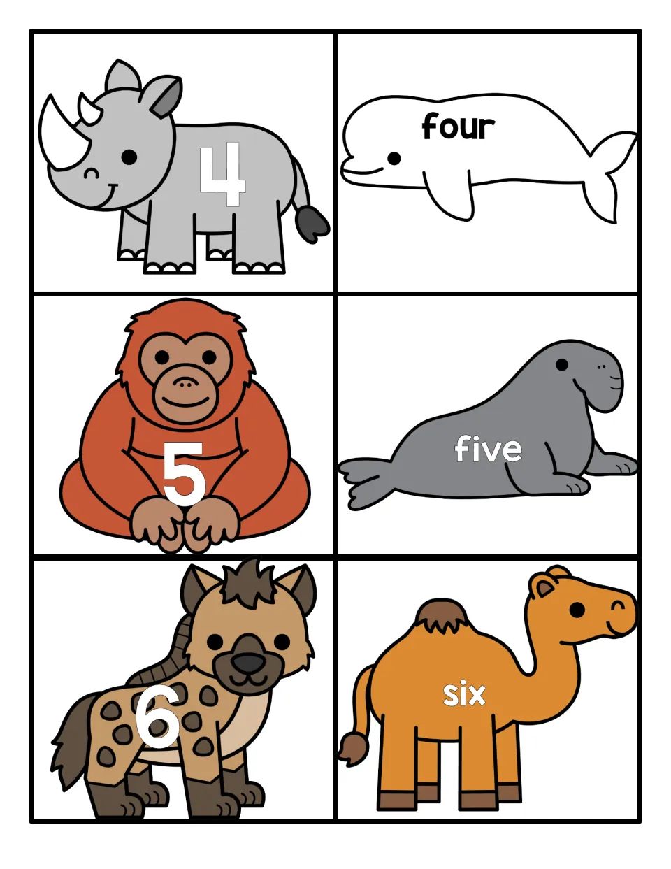Numbers 4 to 6 matching cards: numerals on a rhino, orangutan and hyena pair with the number words four, five and six