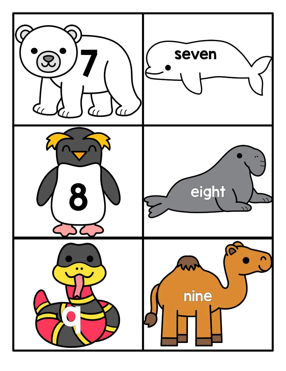 Numbers 7 to 9 matching cards: numerals on a polar bear, penguin and snake match the words seven, eight and nine