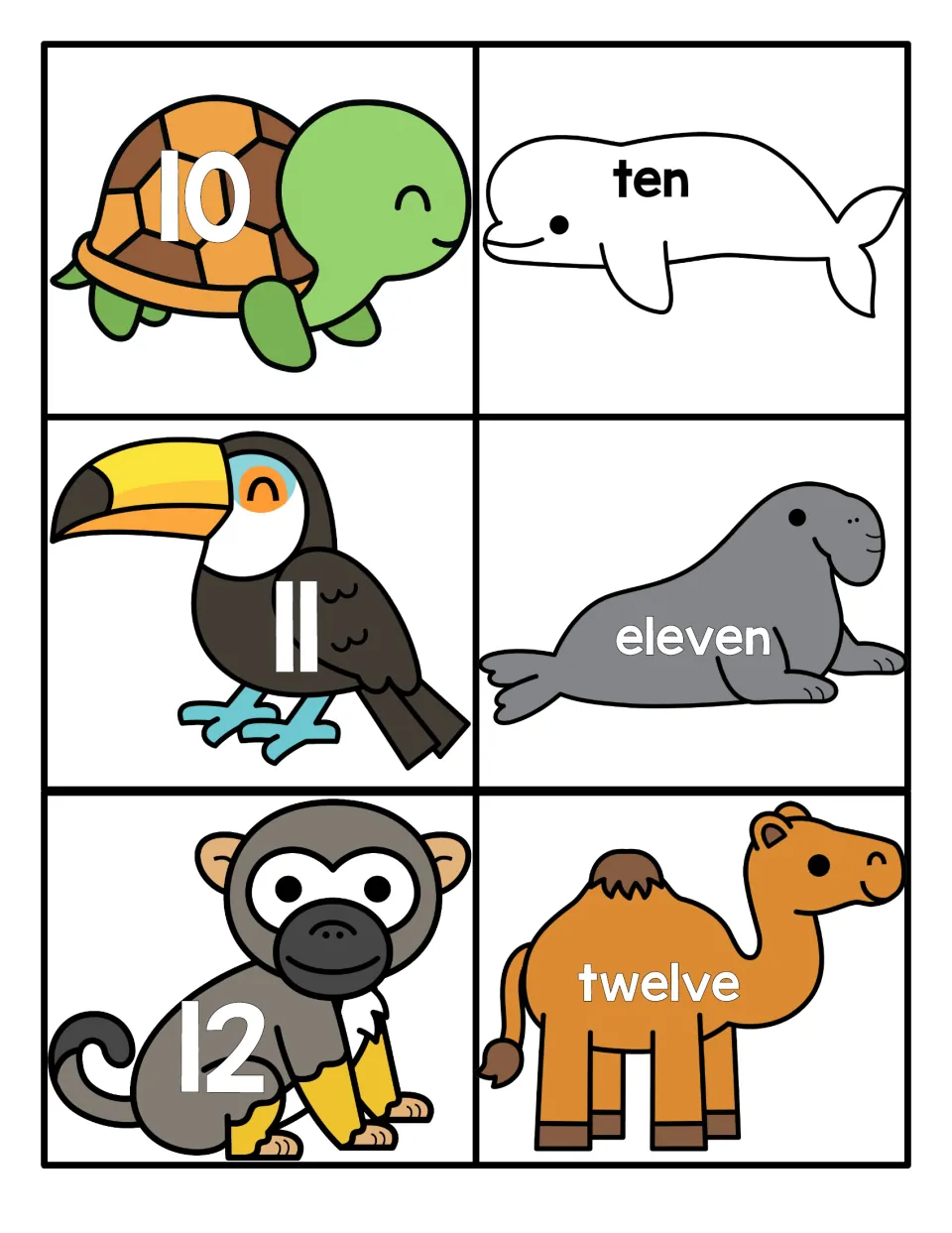Numbers 10 to 12 matching cards: numerals on a turtle, toucan and monkey pair with number words ten, eleven and twelve