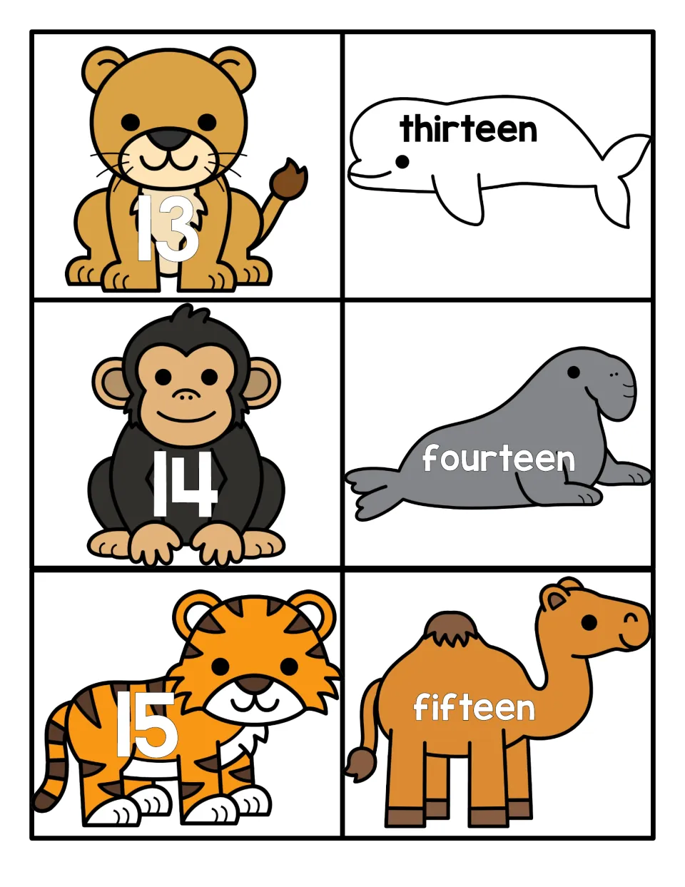 Teen numbers 13 to 15 matching cards: lion, chimp and tiger numerals pair with the words thirteen, fourteen, fifteen
