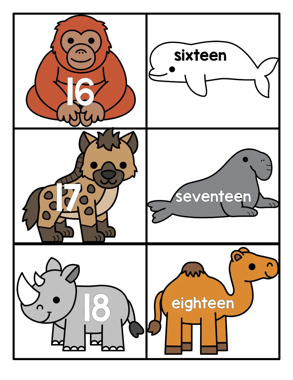 Teen numbers 16 to 18 cards: numerals on an orangutan, hyena and rhino pair with sixteen, seventeen and eighteen