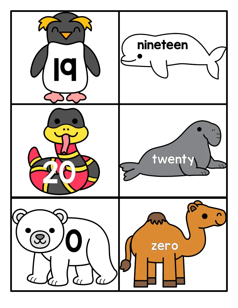 Numbers 19, 20 and 0 matching cards: penguin, snake and polar bear numerals pair with nineteen, twenty and zero