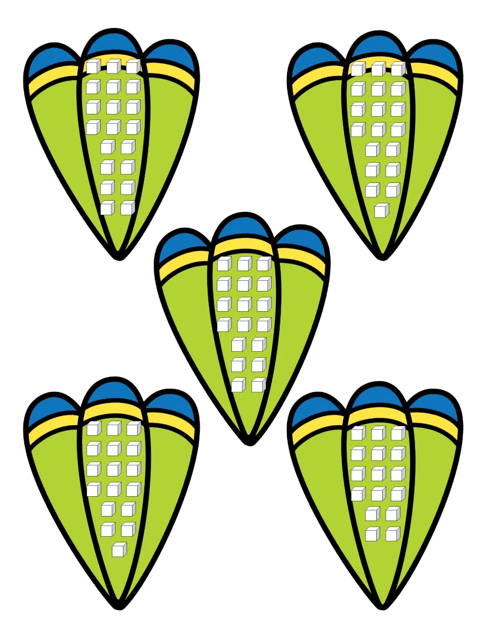 Counting 16 to 20: five green feather cards, each showing 16, 17, 18, 19 or 20 white cubes for students to count