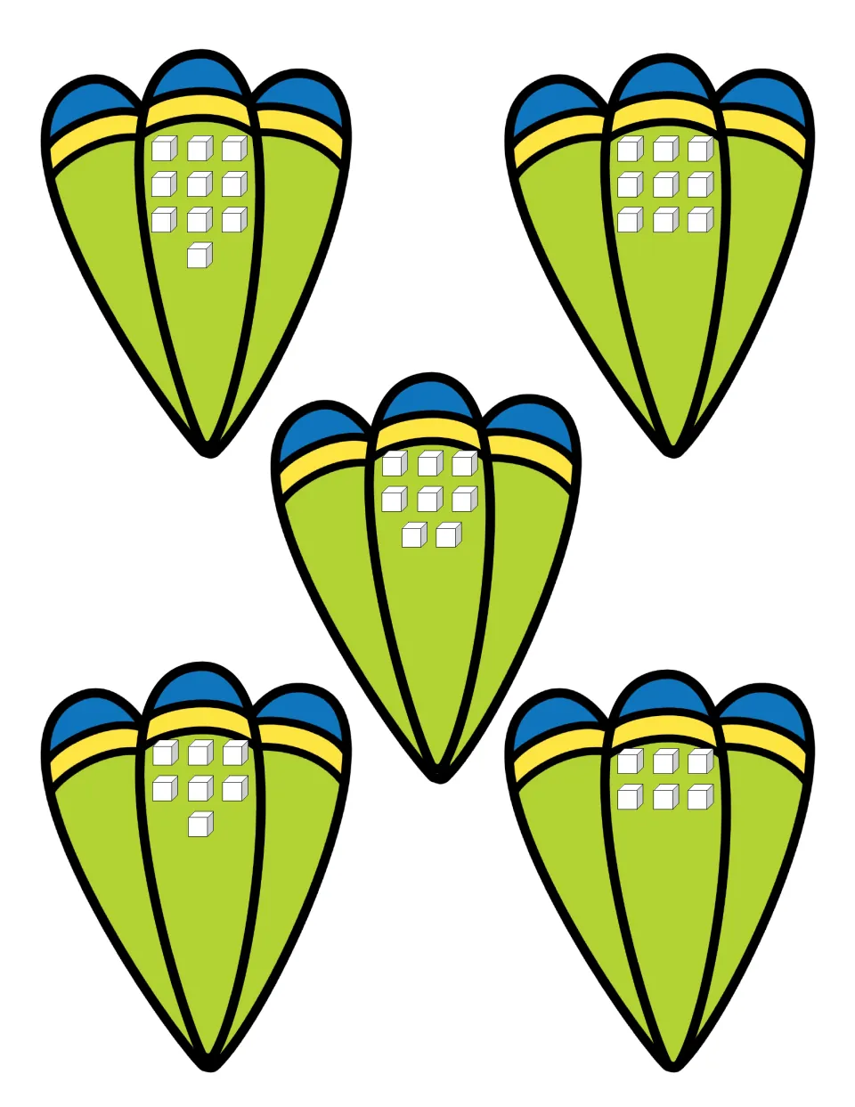 Counting 6 to 10: feather cards showing 6, 7, 8, 9 and 10 cubes for students to count and match to a number